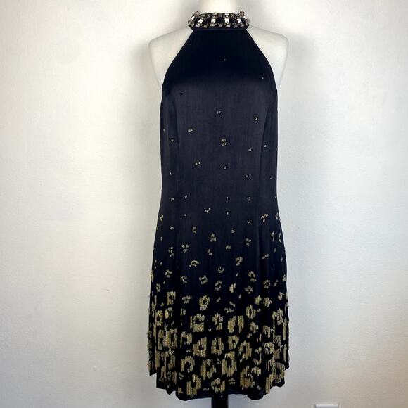 Anthropologie Beaded Halter Dress Black Flapper Gold Sequin Fringe Gatsby Party - Picture 3 of 12